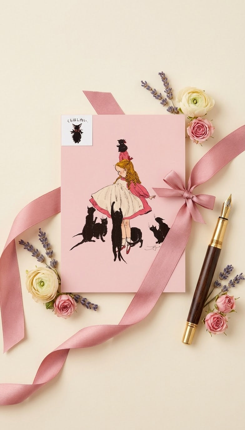Girl with Black Cats Japanese Art Postcard (Pink)