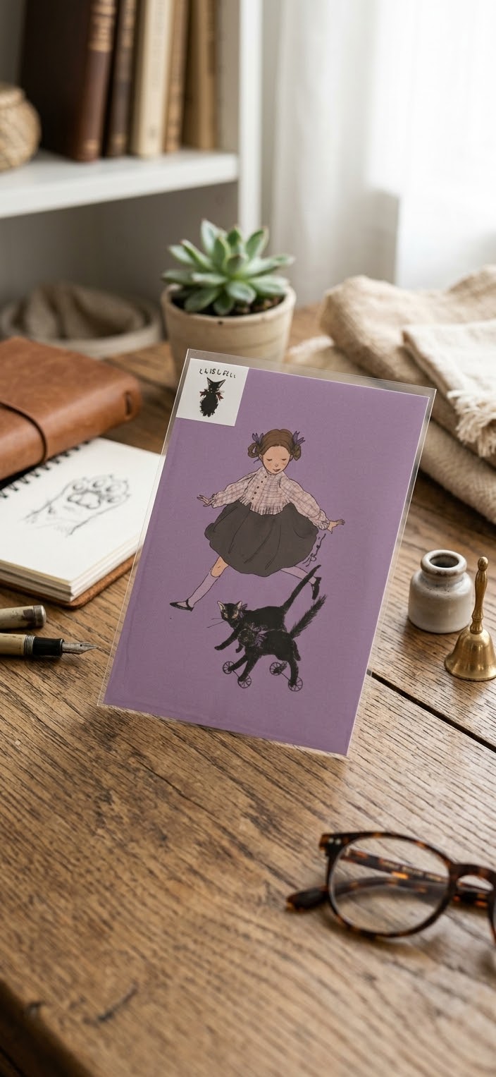 Girl with Black Cat Japanese Art Postcard (Purple)