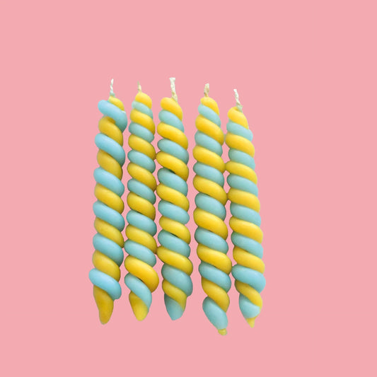 Yellow & Blue Twisted Beeswax Candle Set (x5)